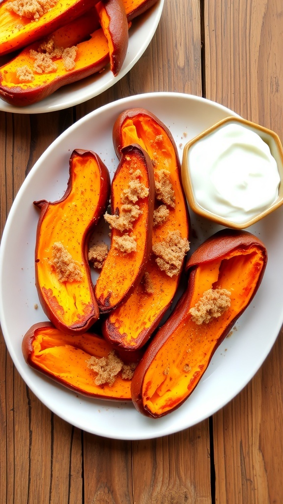 Crispy Air Fryer Baked Yams Recipe Crispy baked yams on a plate, garnished with cinnamon and brown sugar, served with yogurt on a rustic table.